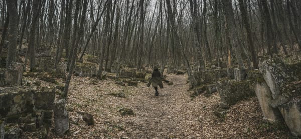 A person wanders around ruins of mossy stones in the woods in autumn